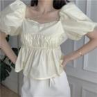 Puff-sleeve Square-neck Pearl Chained Blouse