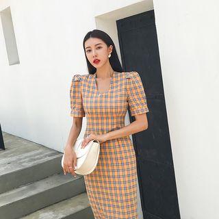 Puff-sleeve Plaid Midi Sheath Dress