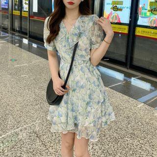 Short-sleeve Floral Ruffle A-line Mini Dress / Midi Dress