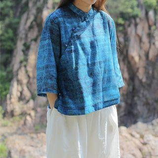 3/4-sleeve  Frog-buttoned Printed Top Blue - One Size