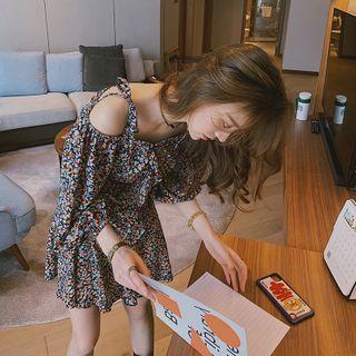Tie-strap Off-shoulder Floral Cutout Dress