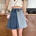 Irregular Pleated Denim Mini A-line Skirt