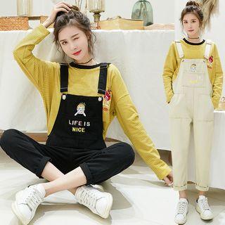Long-sleeve Striped T-shirt / Denim Jumper Pants / Set
