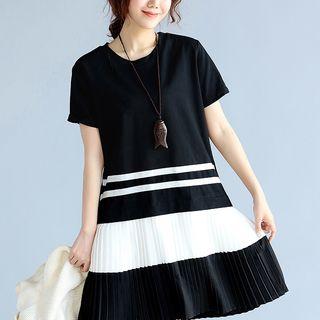 Chiffon Panel Pleated Short Sleeve T-shirt Dress