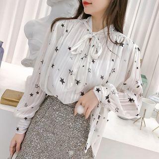 Star Print Tie-neck Long Sleeve Blouse