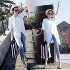 Elbow-sleeve Slit-front Long T-shirt