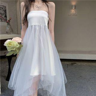 Sheer Blouse / Strapless Midi A-line Dress / Set