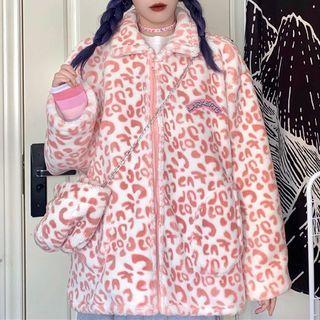 Set: Leopard Print Hooded Zip Fleece Jacket + Hat