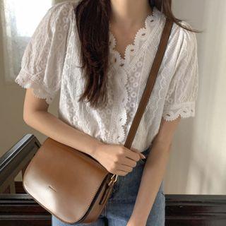 Lace Short-sleeve Top White - One Size