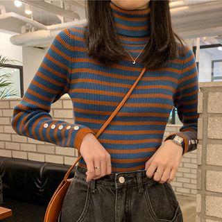 Mock Neck Lettering Striped Knit Top