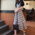 Plain Puff-sleeve Top / Plaid Slim-fit Sleeveless Dress