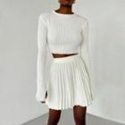 Set: Ribbed Long-sleeve Crop Sweater + Plain Mini Pleat Skirt