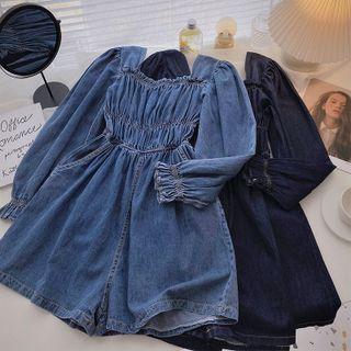 Long-sleeve Square-neck Denim Jumper Shorts