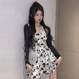 Halter Floral Mini A-line Dress / Knit Shrug