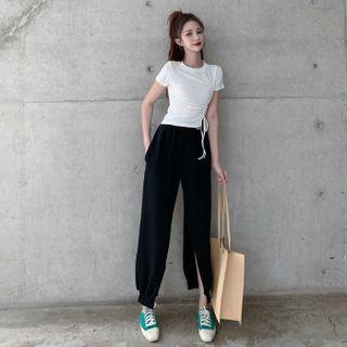 Drawstring Short-sleeve T-shirt / Cropped Harem Pants