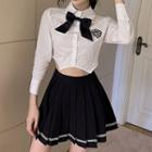 Bow Accent Crop Shirt / Striped Mini Pleated Skirt / Set