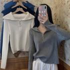 Polo Long-sleeve Plain Knit Zip Top