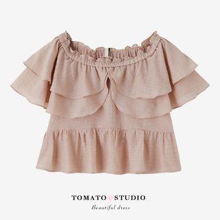 Plain Ruffle Off Shoulder Cropped Blouse
