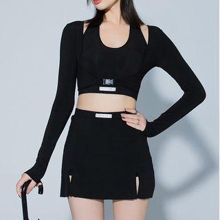 Set: Plain Tankini Top + Swim Skirt + Long-sleeve Top