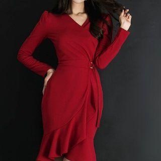 Long-sleeve Ruffle Hem Belted Dress