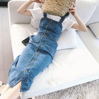 Wide Strap Denim Button Midi A-line Dress