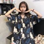 Short-sleeve Cat Print T-shirt / Undershorts