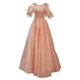 Off Shoulder Frayed A-line Evening Gown
