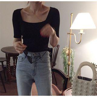 Short-sleeve Plain Square-neck Knit Top Black - One Size