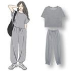 Set: Short-sleeve T-shirt + Harem Pants Set - Gray - One Size