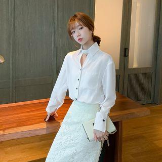 Plain Long-sleeve Cutout Blouse