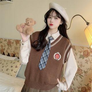 Long-sleeve Plain Shirt + Tie + Logo Knit Vest