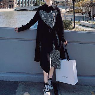 Long-sleeve Plaid Panel Midi Shirt Dress