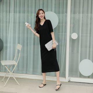Basic V-neck Long T-shirt Dress