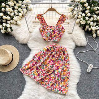 Set: Floral Print Crop Camisole Top + A-line Skirt