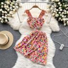 Set: Floral Print Crop Camisole Top + A-line Skirt