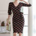 3/4-sleeve Pattern Midi Sheath Dress