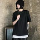 Short-sleeve Mock Two-piece T-shirt Black - One Size
