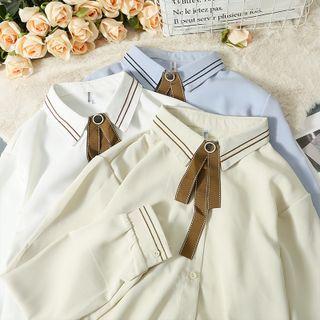Stripe-trim Loose Plain Shirt With Bow-tie