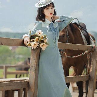 Long-sleeve Floral Embroidered Tie-neck Midi A-line Dress