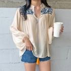 Tassel-detail Embroidered Top Beige - One Size
