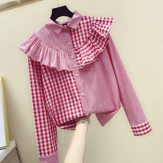 Ruffled Check Panel Long-sleeve Shirt