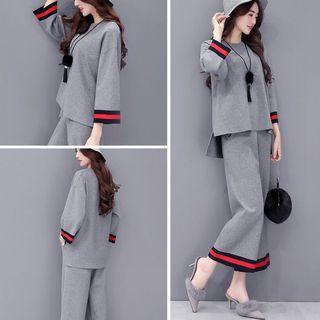 Set: Contrast-trim Sweater + Wide-leg Knit Cropped Pants