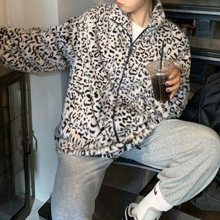 Leopard Print Fluffy Zip Jacket With Lining - Black & White - One Size