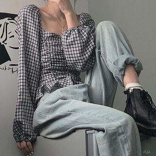 Plaid Shirred Blouse As Shown In Figure - One Size
