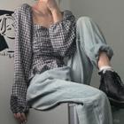 Plaid Shirred Blouse As Shown In Figure - One Size
