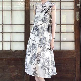 Sleeveless Printed Ruffled A-line Dress