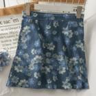 Flower-print Denim Mini Skirt