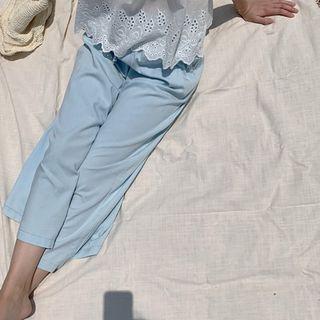 Drawstring-waist Wide-leg Pants Light Blue - One Size