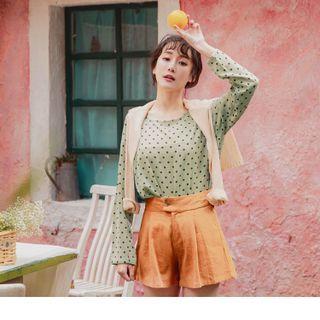 Long-sleeve Round Neck Dot Print Chiffon Top