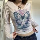 Long-sleeve V-neck Butterfly Print Cropped T-shirt